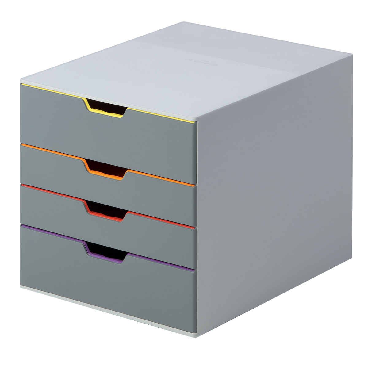Короб для документов Durable Varicolor. 7604-277604-27 Короб для документов Durable Varicolor. 7604-277604-27Выполнен из высококачественного пластика. Выдвижные ящики закрытого типа, оснащены стопорами и табуляторами для маркировки. Боксы можно устанавливать друг на друга, фиксируются при помощи резиновых ножек. 4 ящика. Размер 292x280x356 мм. Стильный короб для документов с 4 выдвижными цветными ящичками. Выполнен из пластика премиального качества. Широкие лотки для удобного хранения большого количества документов. Верхний лоток запирается на замок, что позволяет хранить в боксе ценные бумаги и аксессуары. Выдвижные ящички выполнены в разных цветах, что позволяет группировать документы по тематикам и быстро их находить. Подходят для форматов А4, С4, Folio. Бокс оснащен стопорами, которые не позволяют выпасть лоткам при резком открывании, а также съемными табуляторами для маркировки. Не скользит даже на самых гладких поверхностях благодаря силиконовым ножкам.