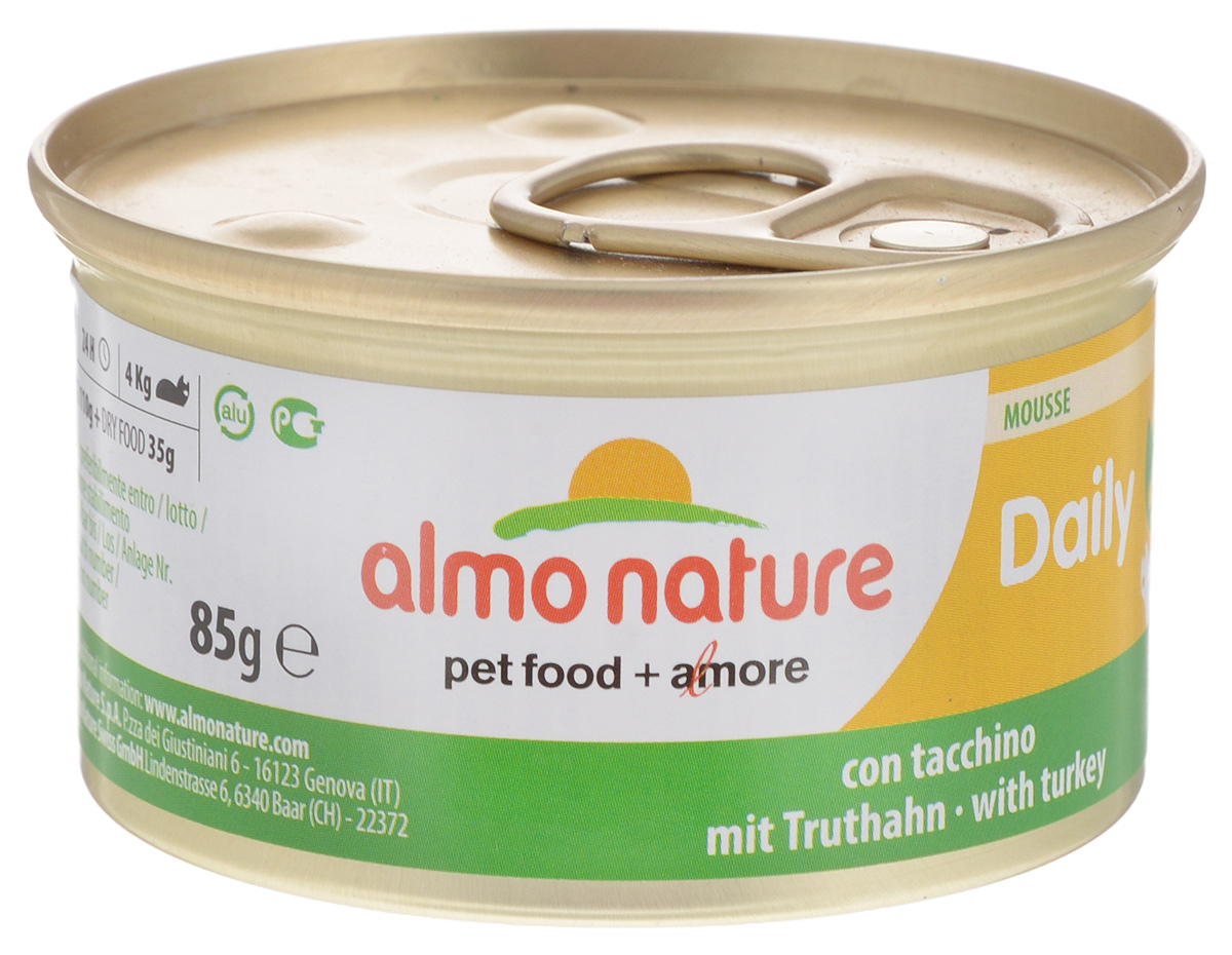 Консервы для кошек Almo Nature Daily Menu, с индейкой, 85 г24067 Консервы для кошек Almo Nature Daily Menu, с индейкой, 85 г24067Консервы Almo Nature Daily Menu - супер-премиум корм для кошек в банках, сохраняющих свежесть каждого кусочка. Корм изготовлен только из свежих высококачественных натуральных ингредиентов, что обеспечивает здоровье вашей кошки. Не содержит ГМО, антибиотиков, химических добавок, консервантов и красителей. Состав: мясо и его производные (индейка 14%), минералы, сахар. Пищевые добавки: витамин А мин. 1415 мг/кг, витамин D3 150 мг/кг, витамин Е 19 мг/кг, сульфат меди пентагидрат 3,2 мг/кг (Cu 0,8 мг/кг), камедь кассии - 3000 мг/кг. Товар сертифицирован.