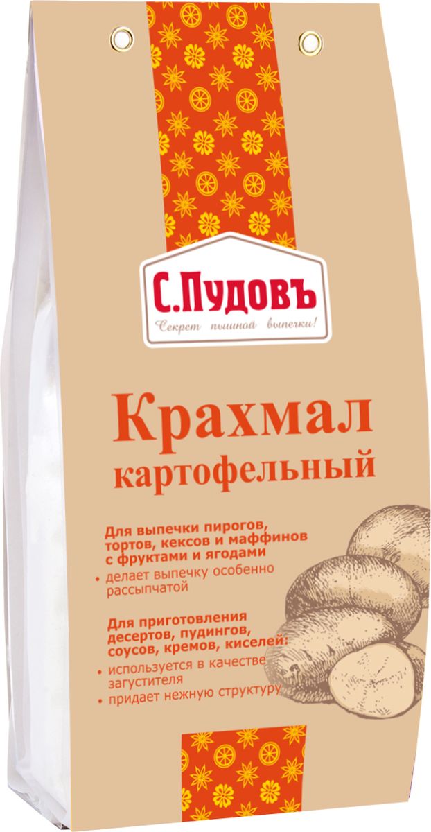 Пудовъ крахмал картофельный, 200 г4607012297402 Пудовъ крахмал картофельный, 200 г4607012297402Картофельный крахмал превосходно подходит для домашней выпечки пирогов, тортов, кексов и маффинов с фруктами и ягодами. Идеален в качестве загустителя для десертов, пудингов, соусов, кремов, киселей и т.д.