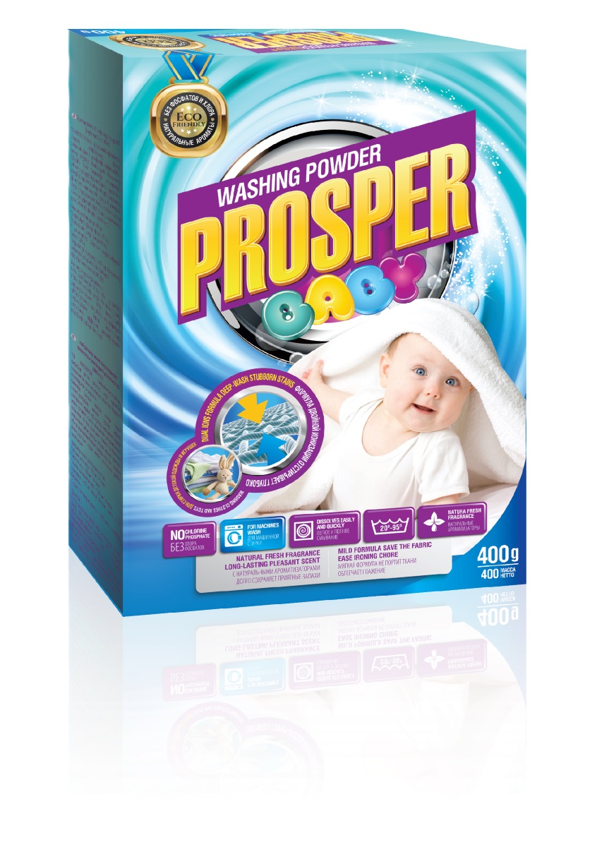 Стиральный порошок для детских вещей и мягких игрушек PROSPER, концентрированный, 400 г4623721457555 Стиральный порошок для детских вещей и мягких игрушек PROSPER, концентрированный, 400 г4623721457555- Деликатная формула специально разработана для ухода за одеждой и вещами детей с первого года жизни. - Формула двойной ионизации обеспечивает эффект двойной стирки, позволяет отстирывать сложные и въевшиеся пятна. - НЕ СОДЕРЖИТ фосфатов и хлора, не вызывают аллергии и раздражения, безопасны для окружающей среды. - Легко смывается, не оставляя осадка, раздражающего кожу. - Содержит натуральные ароматизаторы, полностью удаляет неприятные запахи и придает тканям легкий аромат. - Предназначен для использования в стиральных машинах любого типа и для ручной стирки.