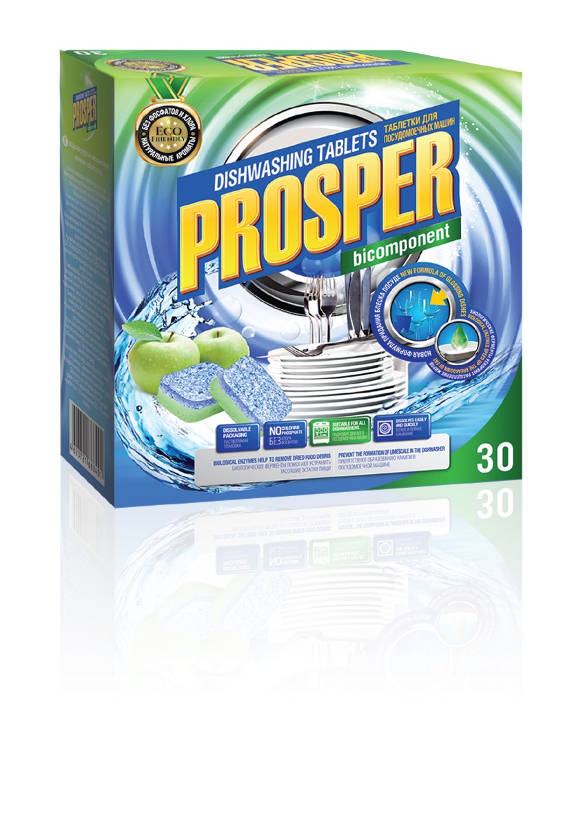 Таблетки для посудомоечных машин PROSPER, с ароматом зеленого яблока, 600 г4623721668401 Таблетки для посудомоечных машин PROSPER, с ароматом зеленого яблока, 600 г4623721668401- Улучшенная двухкомпонентная формула эффективно очищает посуду от жира, грязи и засохщих остатков пищи. - Придают посуде ослепительный блеск. - Эффективно удаляют налет от чая и кофе. - Входящий в состав таблеток ополаскиватель не оставляет на посуде разводов и известковых пятен. - НЕ СОДЕРЖАТ фосфатов и хлора, не вызывают аллергии и раздражения, безопасны для окружающей среды. - Удобная упаковка: каждая таблетка в отдельной растворимой упаковке. - Эффективны при использовании в жесткой воде. - Предотвращают образование накипи.