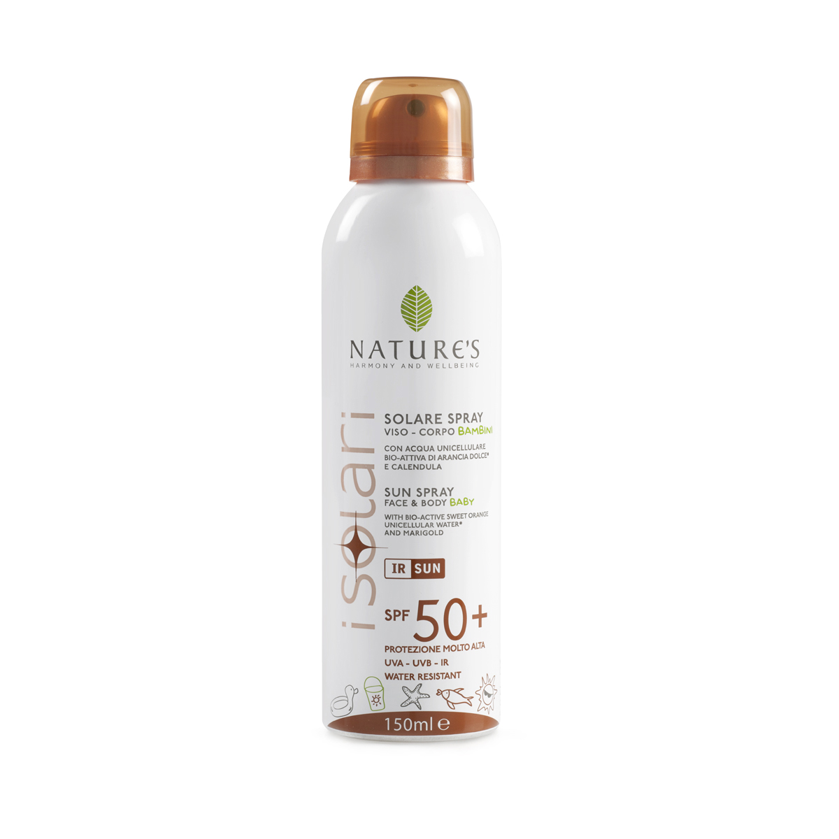 Natures Sun Солнцезащитный спрей для детей SPF 50+, 150 мл60041659 Natures Sun Солнцезащитный спрей для детей SPF 50+, 150 мл60041659Специальное средство для нежной чувствительной кожи ребенка с высокой степенью защиты от солнечного воздействия. Предотвращает ожоги, покраснения, шелушения, потерю влаги и другие повреждения кожи, сохраняя естественный гидролипидный баланс. Спрей с био-активными компонентами: экстрактами сладкого апельсина и календулы, уницилярной водой, рисовым молочком, комплексом защиты от инфракрасного излучения оказывает интенсивное смягчающее действие, способствуя постепенной адаптации кожи ребенка к солнечному свету. Растительный меланин обеспечивает ровный загар. НЕ СОДЕРЖИТ СПИРТ. Водостойкий. Прошел дерматологические тесты и тесты на содержание никеля.