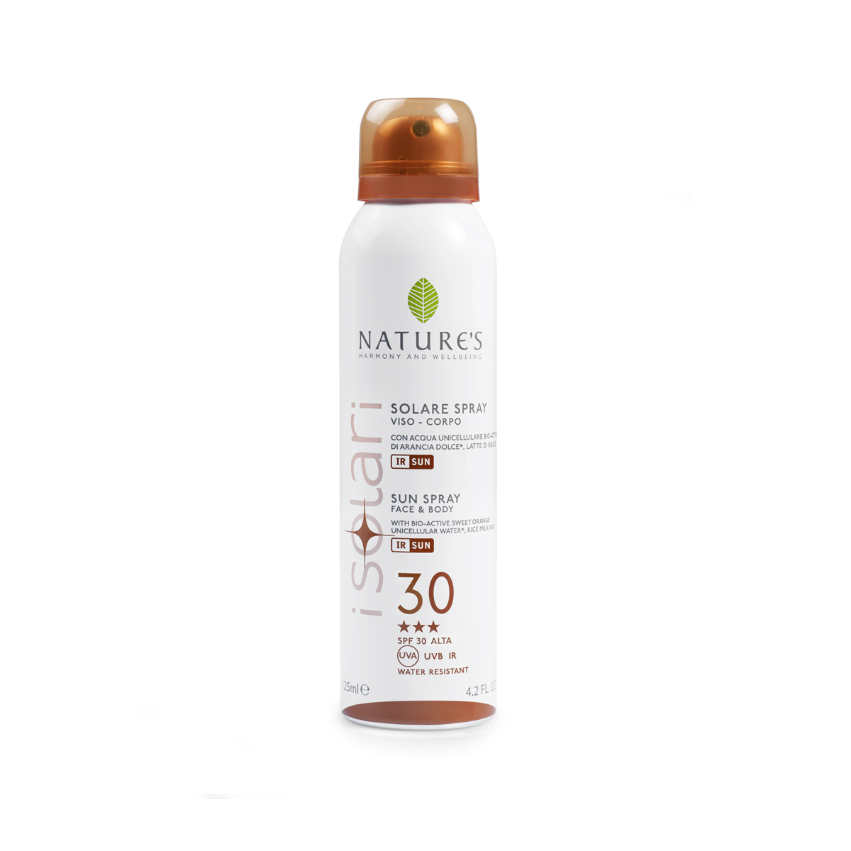 Natures Sun Солнцезащитный спрей SPF 30, 150 мл60041657 Natures Sun Солнцезащитный спрей SPF 30, 150 мл60041657Идеально подходит для очень светлой и нежной кожи. Содержит био-активные компоненты: уницилярную воду сладкого апельсина, экстракт календулы, рисовое молочко, IR-SUN комплекс, смесь микрокапсулированных фотостабильных фильтров, обеспечивающих длительную защиту против UVA, UVB лучей и инфракрасного излучения. ВЫСОКАЯ СТЕПЕНЬ ЗАЩИТЫ (BSRS 2008). Водостойкий. НЕ СОДЕРЖИТ СПИРТ.
