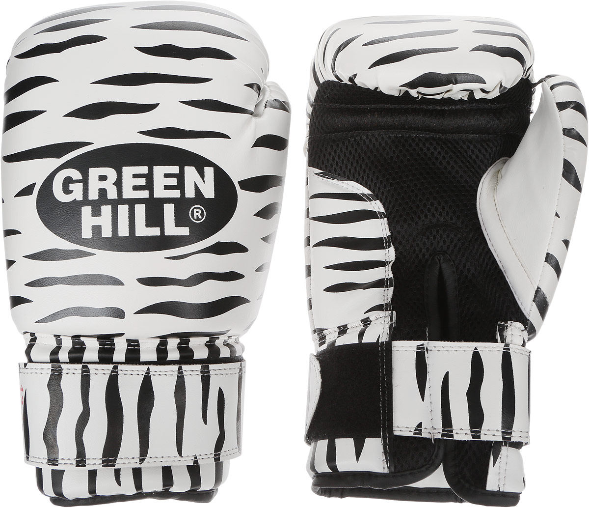 Перчатки боксерские Green Hill Zebra, цвет: черный, белый. Вес 12 унций. BGC-2041BGC-2041 Перчатки боксерские Green Hill Zebra, цвет: черный, белый. Вес 12 унций. BGC-2041BGC-2041Боксерские перчатки Green Hill Zebra отлично подойдут для тренировок. Верх выполнен из искусственной кожи, наполнитель - из вспененного полимера. Сетка в области ладони позволяет создать максимально комфортный терморежим во время занятий. Длинный манжет на липучке способствует быстрому и удобному надеванию перчаток, плотно фиксирует их на руке.