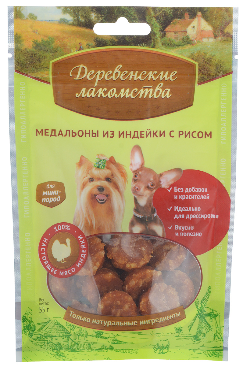 Лакомство для собак мини-пород Деревенские лакомства, медальоны из индейки с рисом, 55 г58065 Лакомство для собак мини-пород Деревенские лакомства, медальоны из индейки с рисом, 55 г58065Мясной деликатес Деревенские лакомства изготовлен специально для собак мини-пород. Идеального размера кусочки отборного мяса удовлетворят самый изысканный вкус и станут любимым угощением вашего питомца. Товар сертифицирован.
