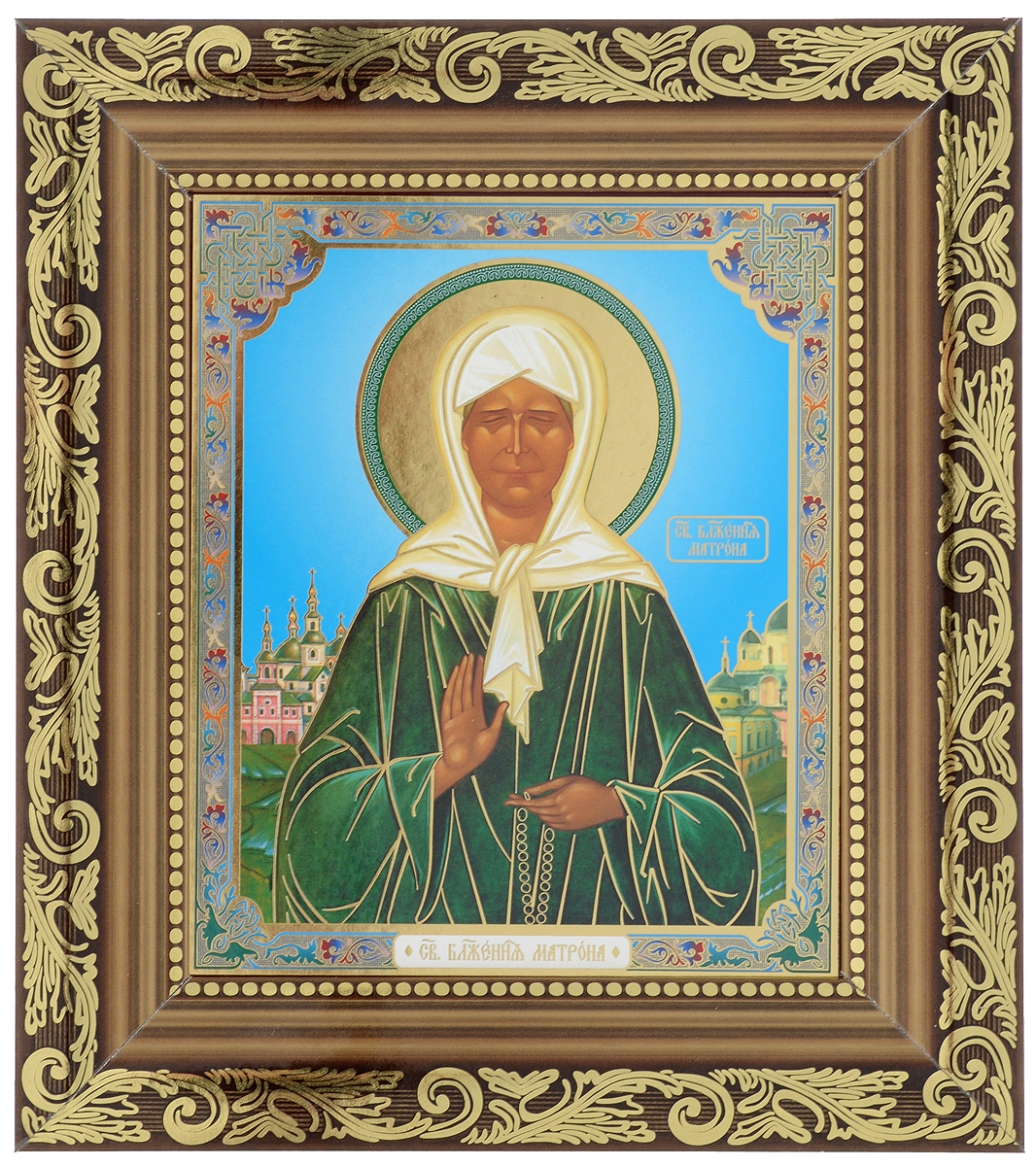 Икона Proffi Святая Блаженная Матрона Московская, 14 х 17 смPH7197 Икона Proffi Святая Блаженная Матрона Московская, 14 х 17 смPH7197Икона Proffi Святая Блаженная Матрона Московская состоит из фотопечати на бумажном постере с тиснением, которую обрамляет качественная деревянная рама. В комплект входит металлический подвес, благодаря чему икону удобно вешать на стену. Изображенный образ полностью соответствует канонам Русской Православной Церкви. Такая икона будет прекрасным подарком с духовной составляющей. Размер иконы (без учета рамы): 14 х 17 см. Размер рамы: 21,5 х 24,5 см.