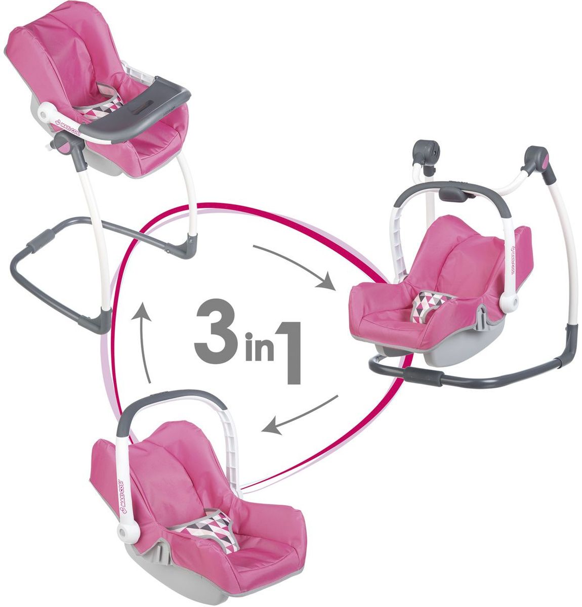 Smoby Мебель для кукол Стульчик-переноска 3 в 1 MC&Quinny240226 Smoby Мебель для кукол Стульчик-переноска 3 в 1 MC&Quinny240226Стульчик-трансформер Smoby предумастривает три варианта использования: качели, переноска, стульчик для кормления. Каркас качелей сделан из металла. Подходит для кукол до 42 см. Кукла в набор не входит.