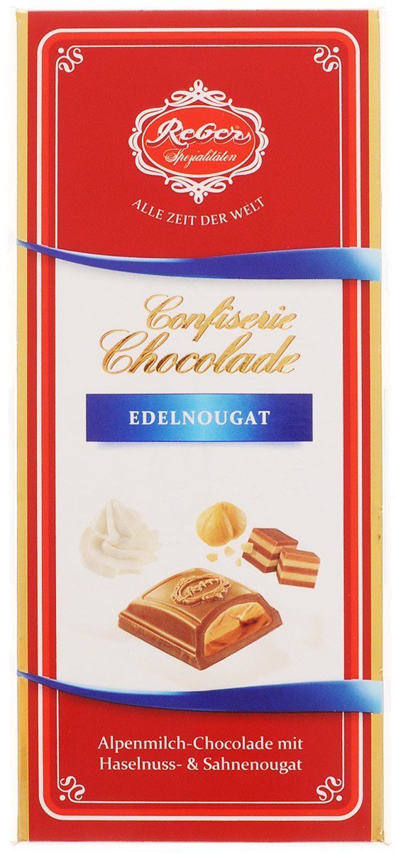 Reber Nougat молочный шоколад с ореховым и сливочным пралине, 100 г1410133/7 Reber Nougat молочный шоколад с ореховым и сливочным пралине, 100 г1410133/7Reber Nougat - нежный молочный шоколад из альпийского молока с двуслойной начинкой из сливочного и орехового пралине. Ракушка сделана из довольно толстого слоя шоколада, поэтому она очень приятно ломается, хрустит и сохраняет собственную форму и вкус. Шоколад из альпийского молока приготовлен по семейному рецепту Reber.
