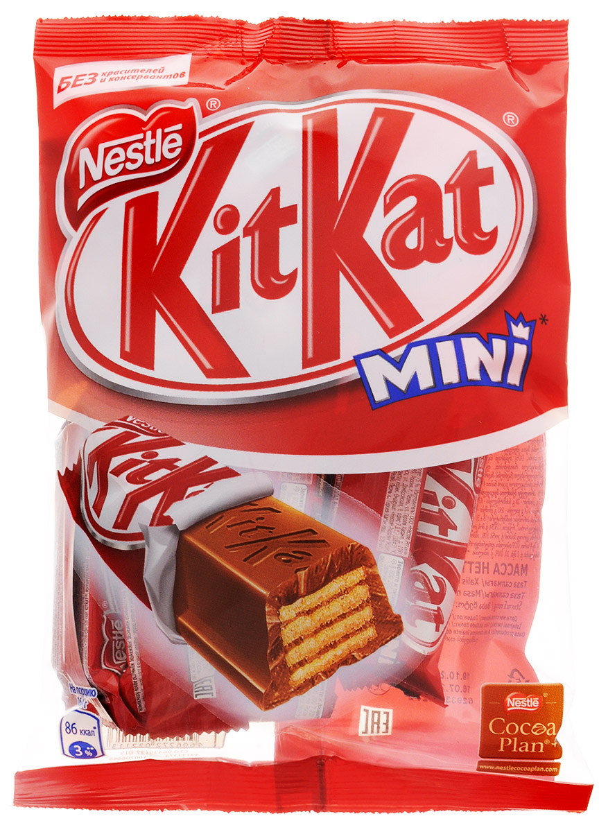 KitKat Mini молочный шоколад с хрустящей вафлей, 202 г12145058 KitKat Mini молочный шоколад с хрустящей вафлей, 202 г12145058Мини формат батончика KitKat с хрустящей вафлей в молочном шоколаде. Удобный формат к чаю, чтобы взять с собой в дорогу. Шоколад в умеренном количестве может быть частью сбалансированного рациона.