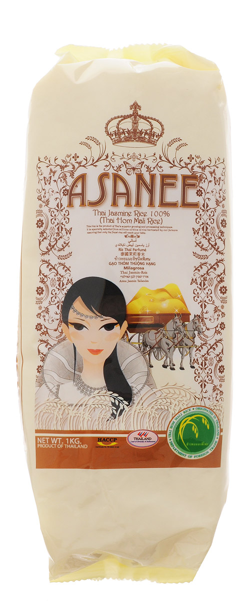 Asanee рис тайский жасминовый, 1 кг8855912000516 Asanee рис тайский жасминовый, 1 кг8855912000516Тайский жасминовый рис получил популярность во всем мире как самый благоухающий и ароматный сорт. Его официальное название Thai Hom Mali (Тай Хом Мали). Этот рис обладает таким нежным и ароматным вкусом, что его принято подавать на стол как самостоятельное блюдо. Тайский жасминовый рис Asanee не содержит глютена. Он является гипоаллергенным и диетическим продуктом. При варке зерна риса сохраняют идеальную форму и становятся белоснежными. Рис является источником растительного белка. Он помогает стабилизировать пищеварительные процессы и укрепляет желудок.
