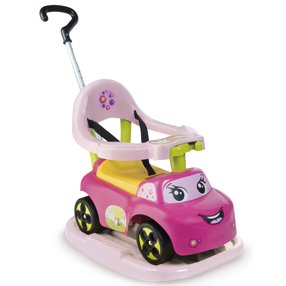 Smoby Каталка-качалка трансформер цвет розовый720608 Smoby Каталка-качалка трансформер цвет розовый720608Каталка-трансформер растет вместе с ребенком. Сначала это качалка для детей от 6 месяцев. Потом родители катают деток с помощью родительской ручки, а затем детки могут ездить сами. Каталка оснащена ремнями безопасности, кольцом безопасности, подножками для малышей, съемной родительской ручкой, электронным рулем и ящиком под сидением. Возраст: от 6мес.
