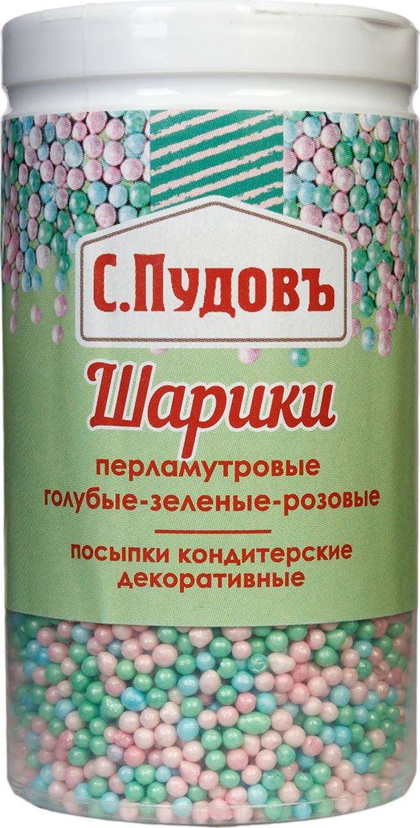 Пудовъ посыпки шарики перламутровые голубые-зеленые-розовые, 40 г4607012296009 Пудовъ посыпки шарики перламутровые голубые-зеленые-розовые, 40 г4607012296009Перламутровые шарики Пудовъ твердые по консистенции - кондитерское украшение для любого десерта: тортов, пирожных, булочек, мороженого. Продукт содержит красители, которые могут оказывать отрицательное влияние на активность и внимание детей.