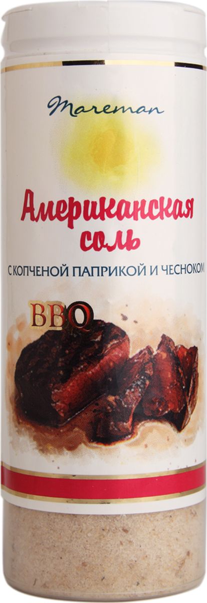 Mareman соль Американская, 140 г4607012294616 Mareman соль Американская, 140 г4607012294616Ароматная соль премиум качества с популярным в Америке сочетанием приправ и пряностей. Соль упакована в пластиковые солонки с удобной крышкой-дозатором, легко использовать для пищи во время приготовления и за столом. Морская соль ТМ Mareman Американская придаст потрясающий вкус и наполнит блюда изысканным ароматом.