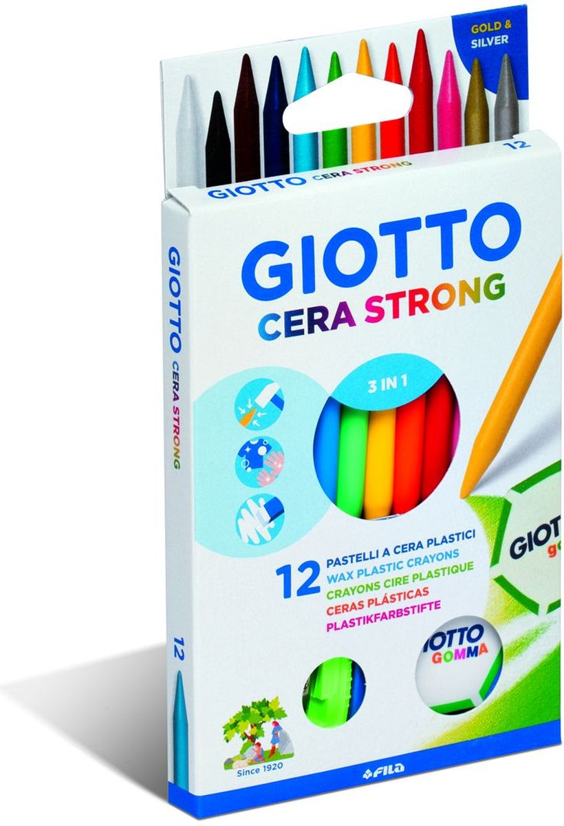 Giotto Набор восковых карандашей Cera Strong с ластиком и точилкой 12 шт281800 Giotto Набор восковых карандашей Cera Strong с ластиком и точилкой 12 шт281800Набор Giotto Cera Strong включает в себя 12 пластиковых карандашей круглой формы с высоким содержанием воска. Ярко и легко рисуют, стираются с помощью ластика. Диаметр карандаша 8 мм. В набор входят: 12 карандашей, ластик и точилка.