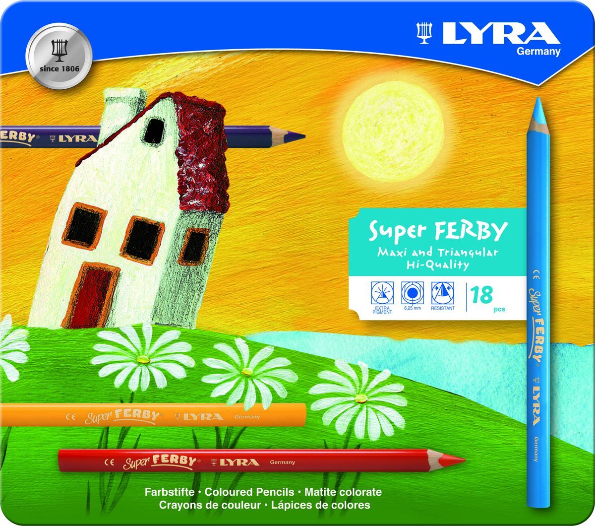 Lyra Набор цветных карандашей Super Ferby 18 штL3721180 Lyra Набор цветных карандашей Super Ferby 18 штL3721180Набор Lyra Super Ferby включает 18 цветных карандашей. Карандаши имеют эргономичную округло-треугольную форму. Набор включает в себя 12 ярких цветных карандашей. Карандаши изготовлены из натурального сертифицированного дерева, экологически чистые. Имеют ударопрочный неломающийся высокопигментный грифель, не требующий сильного нажатия. Диаметр грифеля 6,25 мм, длина карандаша 175 мм.