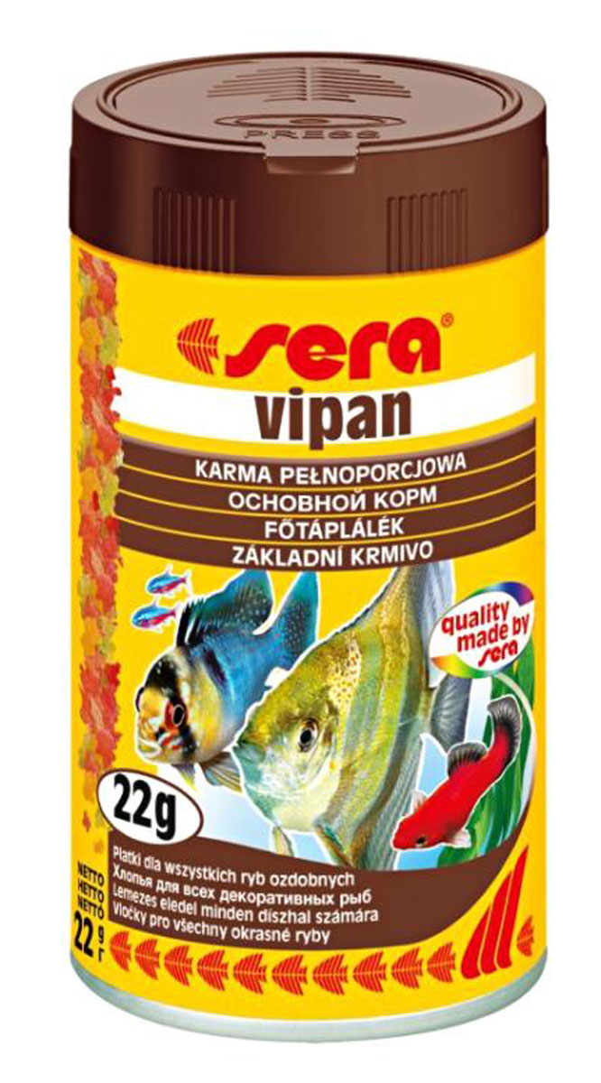 Sera Vipan Корм для декоративных рыб, хлопья 100мл15957 Sera Vipan Корм для декоративных рыб, хлопья 100мл15957Классика - хлопьевидный корм для декоративных рыб в аквариумах со смешанным сообществом. sera випан - идеальный основной корм для рыб в аквариумах со смешанным сообществом. Сбалансированный состав удовлетворяет потребности множества видов. Бережная обработка гарантирует сохранение ценных ингредиентов (например, жирных кислот Омега, витаминов и минералов). Метод его приготовления, применяемый фирмой sera, позволяет хлопьям сохранять свою форму в течение длительного времени, не загрязняя воду. Благодаря уникальной очень высокой степени измельчения, хлопья в тоже время очень нежны и поэтому охотно поедаются рыбой. Доступен в обычной форме и в форме крупных хлопьев.