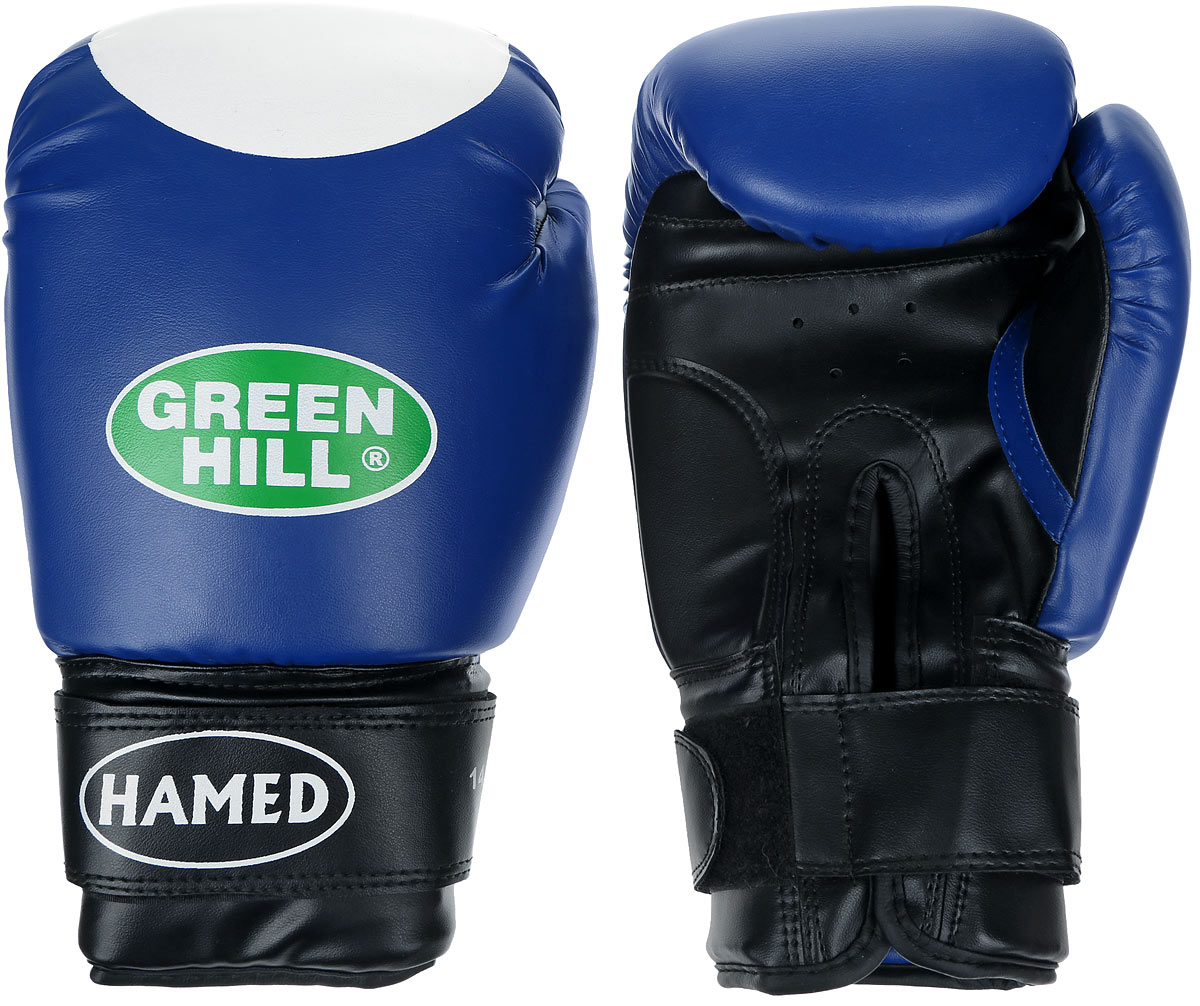 Перчатки боксерские Green Hill Hamed, цвет: синий, белый. Вес 14 унцийG-2036214 Перчатки боксерские Green Hill Hamed, цвет: синий, белый. Вес 14 унцийG-2036214Боксерские перчатки Green Hill Hamed прекрасно подойдут для прогрессирующих спортсменов. Верх выполнен из искусственной кожи, наполнитель - из пенополиуретана. Перфорированная поверхность в области ладони позволяет создать максимально комфортный терморежим во время занятий. Широкий ремень, охватывая запястье, полностью оборачивается вокруг манжеты, благодаря чему создается дополнительная защита лучезапястного сустава от травмирования. Перчатки прекрасно сидят на руке. Застежка на липучке способствует быстрому и удобному надеванию перчаток, плотно фиксирует перчатки на руке.