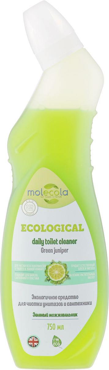 Средство для ванной и туалета Molecola Green Juniper, зеленый можжевельник, 750 мл9141 Средство для ванной и туалета Molecola Green Juniper, зеленый можжевельник, 750 мл9141Molecola Green Juniper - это эффективное экологичное средство для чистки унитазов и сантехники с ароматом можжевельника и зеленого бергамота. Средство легко очищает и удаляет известковый налет, безопасно для кожи и дыхательных путей. Рекомендовано людям, имеющим аллергическую реакцию на средства бытовой химии. Новая формула на основе безопасных растительных ингредиентов обеспечивает высокую эффективность и экологичность использования. Товар сертифицирован.