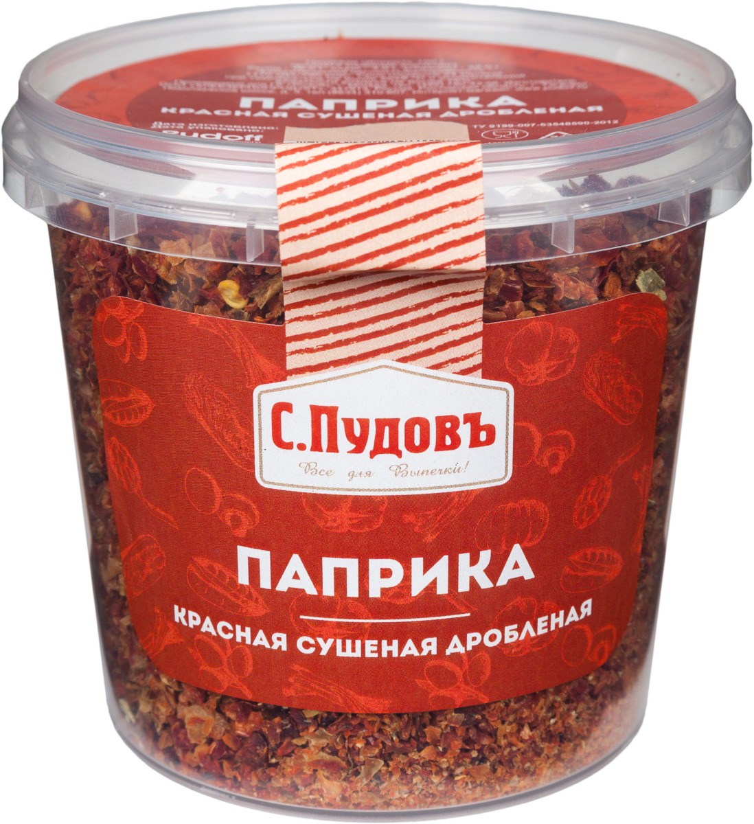 Пудовъ паприка красная сушеная дробленая, 100 г4607012297198 Пудовъ паприка красная сушеная дробленая, 100 г4607012297198Паприка красная сушеная дробленая - разновидность сладкого перца, из которой делают популярную во многих странах мира приправу. Она используется во многих блюдах современной национальной кухни. При приготовлении выпечки добавляется непосредственно в тесто для придания ей пикантного аромата и изысканного вкуса.