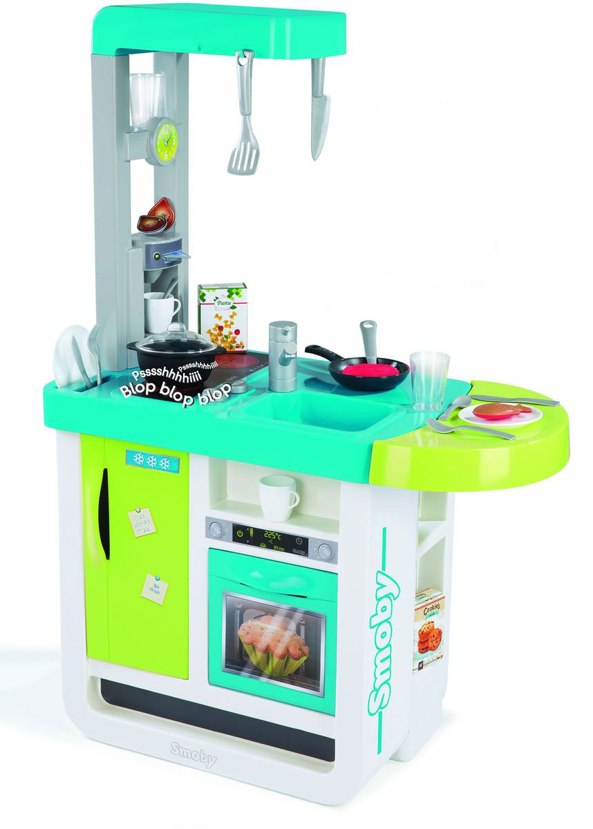 Smoby Игрушечная кухня Cherry310900 Smoby Игрушечная кухня Cherry310900Дети очень любят имитировать действия взрослых, поэтому игрушечная кухня Smoby Cherry станет одной из самых увлекательных игрушек как для девочек, так и для мальчиков. Интерактивная кухня включает плиту с двумя горелками и кнопками управления, холодильник, духовку с открывающейся дверью, раковину с краном, кофеварку, полки для аксессуаров. Также в комплекте 25 съемных аксессуаров для готовки (кастрюли, сковородки, чашки, тарелки, столовые приборы, кофейные капсулы и различные продукты). Благодаря аксессуарам ваш малыш сможет приготовить большое и красивое блюдо. Кухня оснащена современной электроникой, которая позволяет имитировать звуки приготовления пищи. При установке посуды на плиту ребенок услышит, как жарится мясо или рыба. Для работы игрушки требуется 1 батарейка напряжением 1,5V типа CR2032 (входит в комплект).