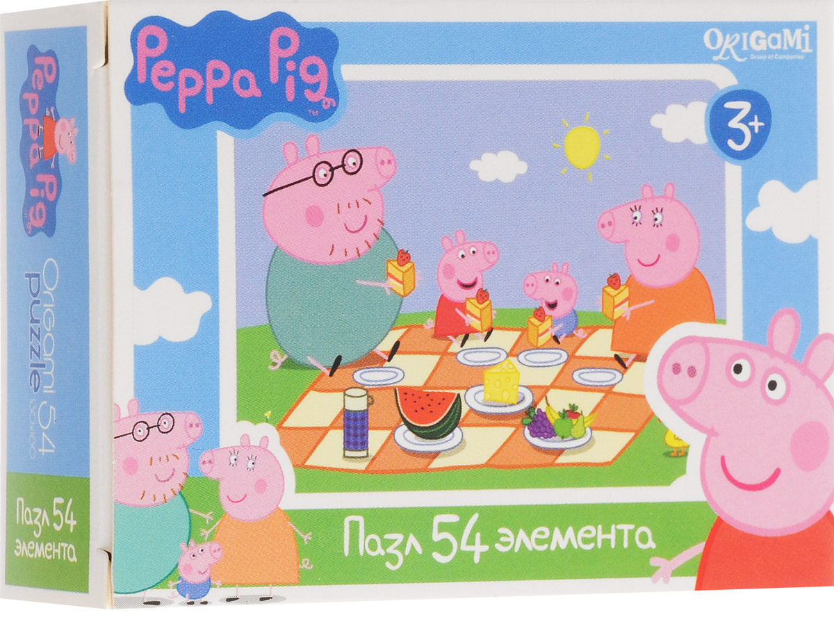 Оригами Пазл для малышей Peppa Pig Пикник1595_пикник, 01595 Оригами Пазл для малышей Peppa Pig Пикник1595_пикник, 01595Пазл для малышей Оригами Peppa Pig. Пикник придется по душе всем юным поклонникам свинки Пеппы. Собрав этот пазл, включающий в себя 54 элемента, вы получите картинку с изображением сюжета из популярного мультфильма. Пазл - великолепная игра для семейного досуга. Сегодня собирание пазлов стало особенно популярным, главным образом, благодаря своей многообразной тематике, способной удовлетворить самый взыскательный вкус. А для детей это не только интересно, но и полезно. Собирание пазла развивает мелкую моторику у ребенка, тренирует наблюдательность, логическое мышление, знакомит с окружающим миром, с цветом и разнообразными формами.