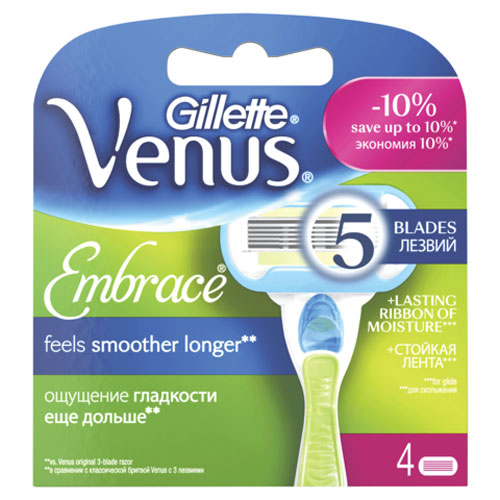 Venus Embrace Сменные кассеты для бритья , 4 шт.VNS-75051584 Venus Embrace Сменные кассеты для бритья , 4 шт.VNS-75051584Почувствуй себя богиней! 5 лезвий для потрясающей гладкости! Сменные кассеты Venus Embrace с 5 лезвиями: удаляют волосок за волоском, делая кожу потрясающе гладкой. - 5 лезвий для безупречно гладкого сбривания Повторяют каждый изгиб тела для потрясающей гладкости кожи. - Лента для лучшего скольжения Дарит невероятно легкое и гладкое скольжение. - Увлажняющая полоска Обеспечивает плавное скольжение , увлажняет и помогает защитить кожу во время бритья. - Микрогребни Приподнимают волоски, защищают кожу от порезов, обеспечивая более комфортное бритье. - Все сменные кассеты Venus подходят ко всем бритвам Venus. Срок хранения - 5 лет. Страна производства - США. Характеристики: Комплектация: 4 кассеты. Производитель: США. Артикул: 95845490. Товар сертифицирован.