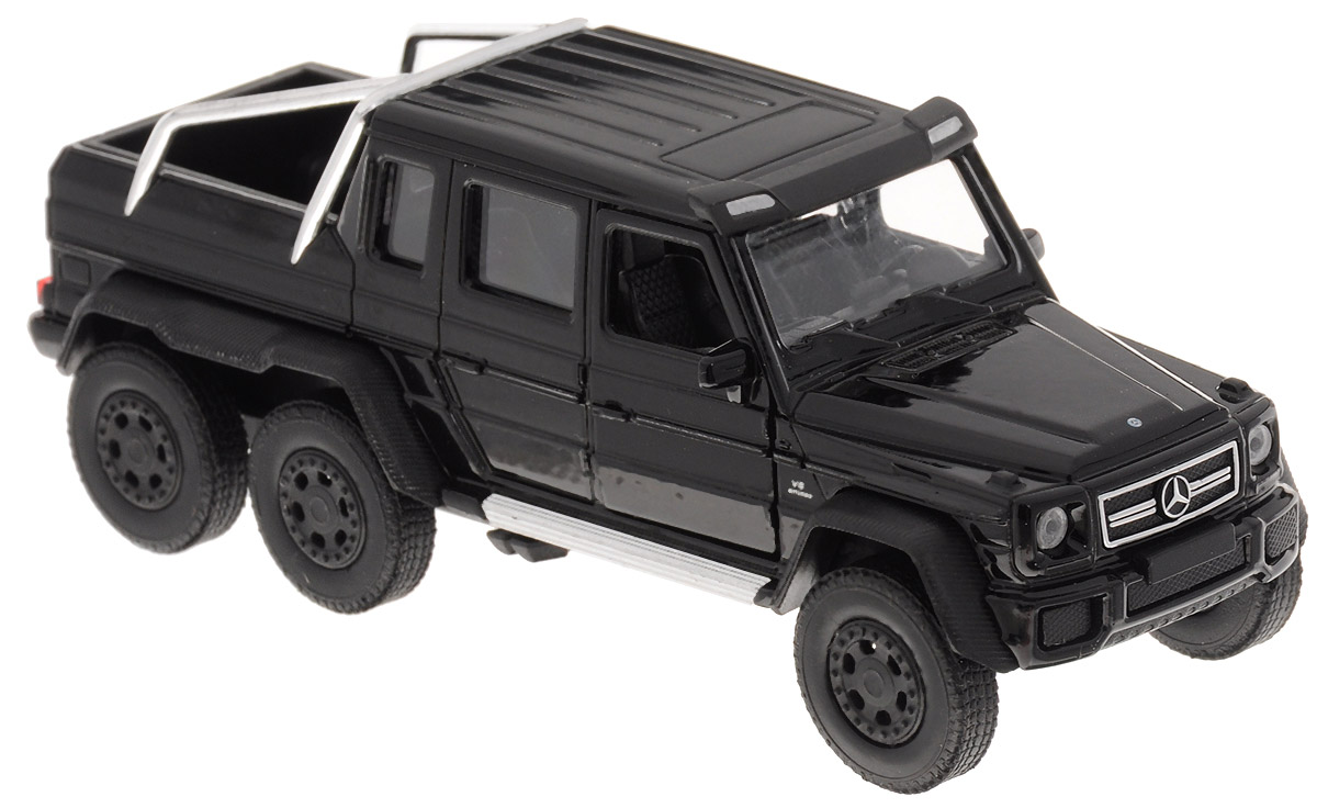 Welly Модель автомобиля Mercedes-Benz G63 AMG 6x6 цвет черный43704_черный Welly Модель автомобиля Mercedes-Benz G63 AMG 6x6 цвет черный43704_черныйМодель автомобиля Welly Mercedes-Benz G63 AMG 6x6 - отличный подарок как ребенку, так и взрослому коллекционеру. Благодаря броской внешности, а также великолепной точности, с которой создатели этой модели масштабом 1:34 передали внешний вид настоящего автомобиля, модель станет подлинным украшением любой коллекции авто. Машина будет долго служить своему владельцу благодаря металлическому корпусу с элементами из пластика. Передние дверцы машины открываются, шины обеспечивают отличное сцепление с любой поверхностью пола. Машинка оснащена инерционным механизмом: достаточно немного отвести машинку назад, и затем отпустить, и она быстро поедет вперед. Модель автомобиля Welly Mercedes-Benz G63 AMG 6x6 обязательно понравится вашему ребенку и станет достойным экспонатом любой коллекции.