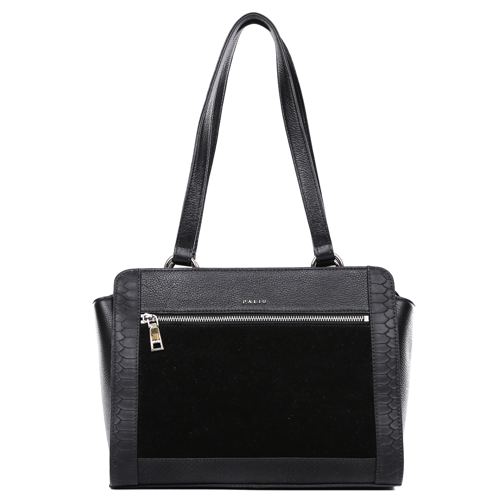 Сумка женская Palio, цвет: черный. 14701A-W1-018/01814701A-W1-018/018 black Сумка женская Palio, цвет: черный. 14701A-W1-018/01814701A-W1-018/018 blackНевероятно изысканная сумка от итальянского бренда Palio выполнена из натуральной плотной кожи с элегантной замшевой вставкой и роскошным тиснением под рептилию. Классический черный цвет, фурнитура выполненная под серебро и уникальное сочетание разных фактур на кожи создают настоящий и невероятно актуальный в этом сезоне шедевр, который без сомнения подчеркнет вашу аристократичность и статусность. Удобное крепление ручек, стильный лицевой карман, - все это дополнит ваш изящный образ. Сумка имеет одно вместительное отделение, которое разделено карманом на молнии. Внутри аксессуара вы с легкостью расположите свой сотовый телефон и другие женские мелочи за счет удобных карманов. На тыльной стороне модели дизайнеры разместили вместительный карман, который закрывается на стильную молнию с кожаным поводком. Сумка с легкостью вмещает формат A4.