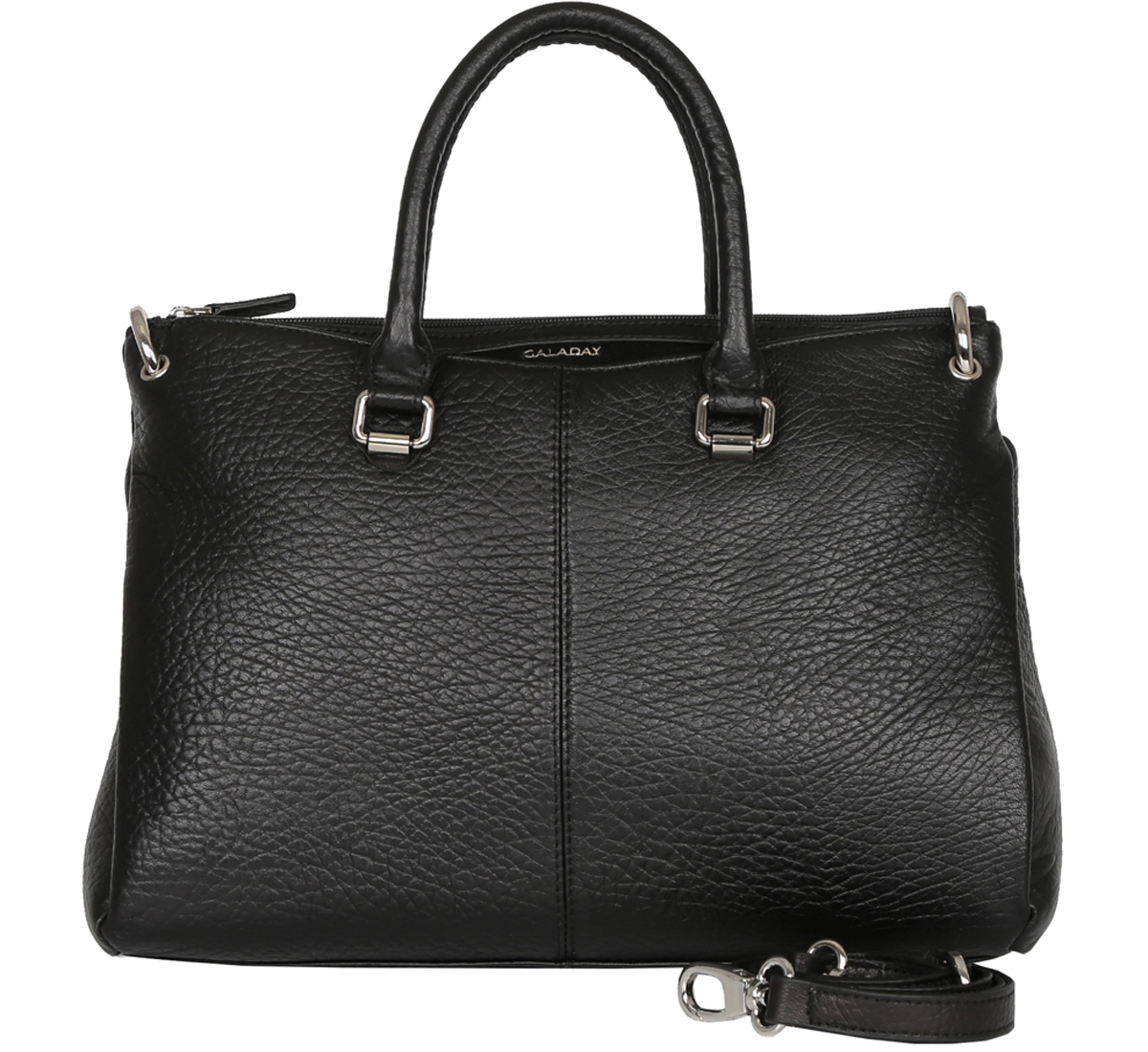 Сумка женская Galaday, цвет: черный. GD5220GD5220-black Сумка женская Galaday, цвет: черный. GD5220GD5220-blackЖенская сумка GALADAY из натуральной кожи. Внутри: одно отделение, в котором расположены два кармана на молнии и два кармана для мелочей. Сумка закрывается на пластиковую молнию. Кожа средней плотности, форму держит. Носится на сгибе руки или на плече, в комплектацию входит наплечный ремень. Помещаются документы формата А4. Фурнитура-серебро. На дне сумки расположены металлические ножки, защищающие ее от механических повреждений. На лицевой и задней стороне аксессуара имеются два дополнительных кармана на магнитных кнопках. Сумка оформлена вставкой из замши.