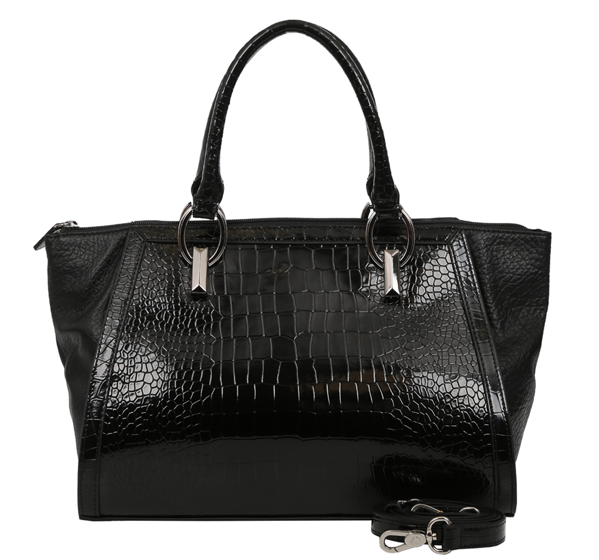 Сумка женская Galaday, цвет: черный. GD5743GD5743-black Сумка женская Galaday, цвет: черный. GD5743GD5743-blackЖенская сумка GALADAY из натуральной кожи. Внутри: одно отделение, на боковых стенках расположены один карман на молнии и один карман для мелочей. Сумка носится в руке и на плече, в комплектацию входит наплечный ремень. Сумка закрывается на пластиковую молнию. Размеры вмещают формат А4. Кожа плотная, форму держит. Аксессуар декорирован вставками из кожи с тиснением под кожу рептилии. Фурнитура блестящее серебро.. На дне сумки расположены металлические ножки, защищающие ее от механических повреждений.