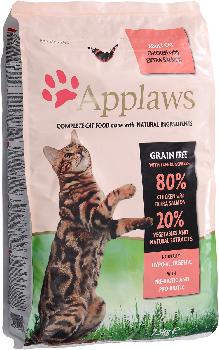 Корм сухой Applaws для кошек, беззерновой, с курицей, лососем и овощами, 7,5 кг24401 Корм сухой Applaws для кошек, беззерновой, с курицей, лососем и овощами, 7,5 кг24401Беззерновой корм для кошек Applaws изготовлен по особым рецептам, разработанным диетологами института Великобритании. Правильная диета очень важна для питомцев, ведь она меняется в зависимости от жизненного цикла. Также полнорационный корм должен включать в себя необходимое количество витаминов и минералов. В рецепте сухого корма Applaws учтен не только перечень наиболее необходимых минералов и витаминов, но и их строгий баланс. Так как сухой корм изготавливается только из натуральных качественных ингредиентов, крокеты привлекут внимание любого, даже очень привередливого питомца. Состав: дегидрированное мясо цыпленка минимум 47%, дегидрированное филе лосося минимум 19%, молодой картофель минимум 4%, жир домашней птицы минимум 8% (источник Омега 6), подлива из мяса птицы, приготовленной в собственном соку минимум 4%, лососевый жир (источник Омега 3), свекла минимум 3%, яичный порошок минимум 3%, пивные дрожжи, клетчатка,...