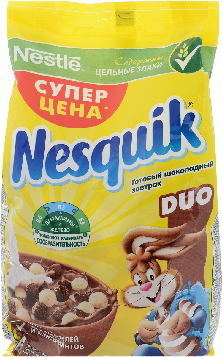 Nestle Nesquik Шоколадные шарики DUO готовый завтрак в пакете, 250 г12195047 Nestle Nesquik Шоколадные шарики DUO готовый завтрак в пакете, 250 г12195047Готовый завтрак Nestle Nesquik Шоколадные шарики DUO - это любимый готовый завтрак со вкусом белого и молочного шоколада. Такой вкусный и невероятно шоколадный завтрак! Тарелка полезного для здоровья готового завтрака Nesquik в сочетании с молоком - это прекрасное начало дня. В состав готового завтрака Nesquik входят цельные злаки (природный источник клетчатки), а также он обогащен витаминами и минеральными веществами, которые помогают расти здоровым и умным. Какао - секрет волшебного шоколадного вкуса Nesquik, который так нравится детям. Дети любят готовый завтрак Nesquik за чудесный шоколадный вкус, а мамы - за его пользу. Рекомендуется употреблять с молоком, кефиром, йогуртом или соком. Уважаемые клиенты! Обращаем ваше внимание на то, что упаковка может иметь несколько видов дизайна. Поставка осуществляется в зависимости от наличия на складе.