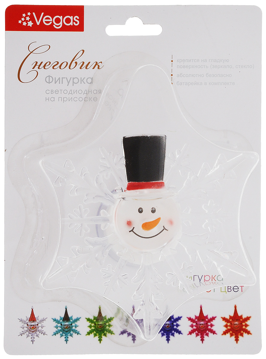 Украшение новогоднее Vegas "Снеговик в шляпе", со светодиодной подсветкой, на присоске, 10 х 12 см