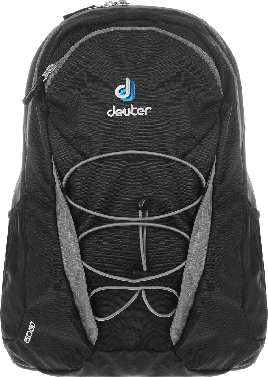 Рюкзак Deuter Go Go, цвет: черный, серый, 25 л3820016_7490 Рюкзак Deuter Go Go, цвет: черный, серый, 25 л3820016_7490Рюкзак Deuter Go Go сочетает в себе современный дизайн, функциональность и долговечность. Рюкзак выполнен из прочного текстильного материала и содержит одно вместительное отделение, закрывающееся на застежку-молнию с двумя бегунками. Внутри отделения находятся глубокий карман, стянутый сверху резинкой, и кармашек для мелочей на застежке-молнии. На лицевой стороне рюкзака расположен внешний карман, закрывающийся на застежку-молнию. Внутри него на текстильный ремешок крепится пластиковый карабин для ключей. Также лицевая сторона снабжена эластичной шнуровкой для крепления дополнительного снаряжения. По бокам рюкзака расположены два внешних сетчатых кармана, стянутых сверху резинками. Рюкзак дополнительно фиксируется на груди при помощи съемных регулируемых по длине текстильных ремней с пластиковым карабином. Конструкция ортопедической спинки рюкзака Airstripes System позволяет уменьшить нагрузку на спину.