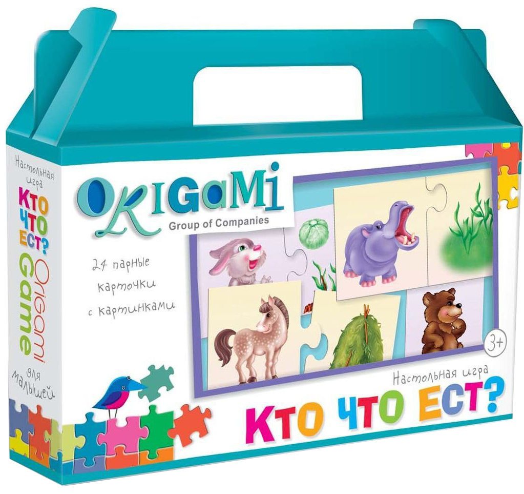 Оригами Обучающая игра Кто что ест?01283 Оригами Обучающая игра Кто что ест?01283Настольная игра - хорошая возможность весело и азартно провести время с друзьями и родными. Герои популярных мультфильмов помогут справиться с любой задачей на игровом поле. Игра создана по принципу простой ходилки. Состав игры: игровое поле, карточки, фишки, кубик.