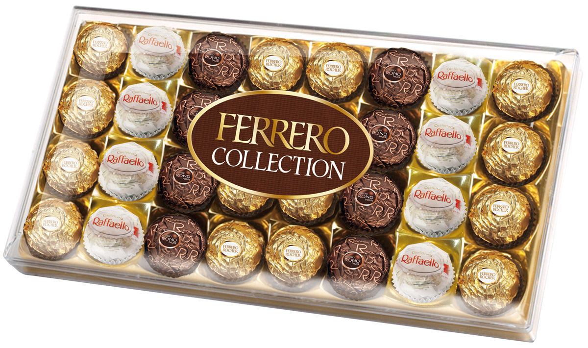 Ferrero Collection набор конфет: Raffaello, Ferrero Rocher, Ferrero Rondnoir, 360 г77122269/77099243/77096513 Ferrero Collection набор конфет: Raffaello, Ferrero Rocher, Ferrero Rondnoir, 360 г77122269/77099243/77096513Собрание 3 великолепных вкусов Ferrero: сочетание лесного ореха и молочного шоколада в Ferrero Rocher, изысканный рецепт горького шоколада и миндального ореха в Ferrero Rondnoir и совершенный вкус фисташек в Ferrero Garden.
