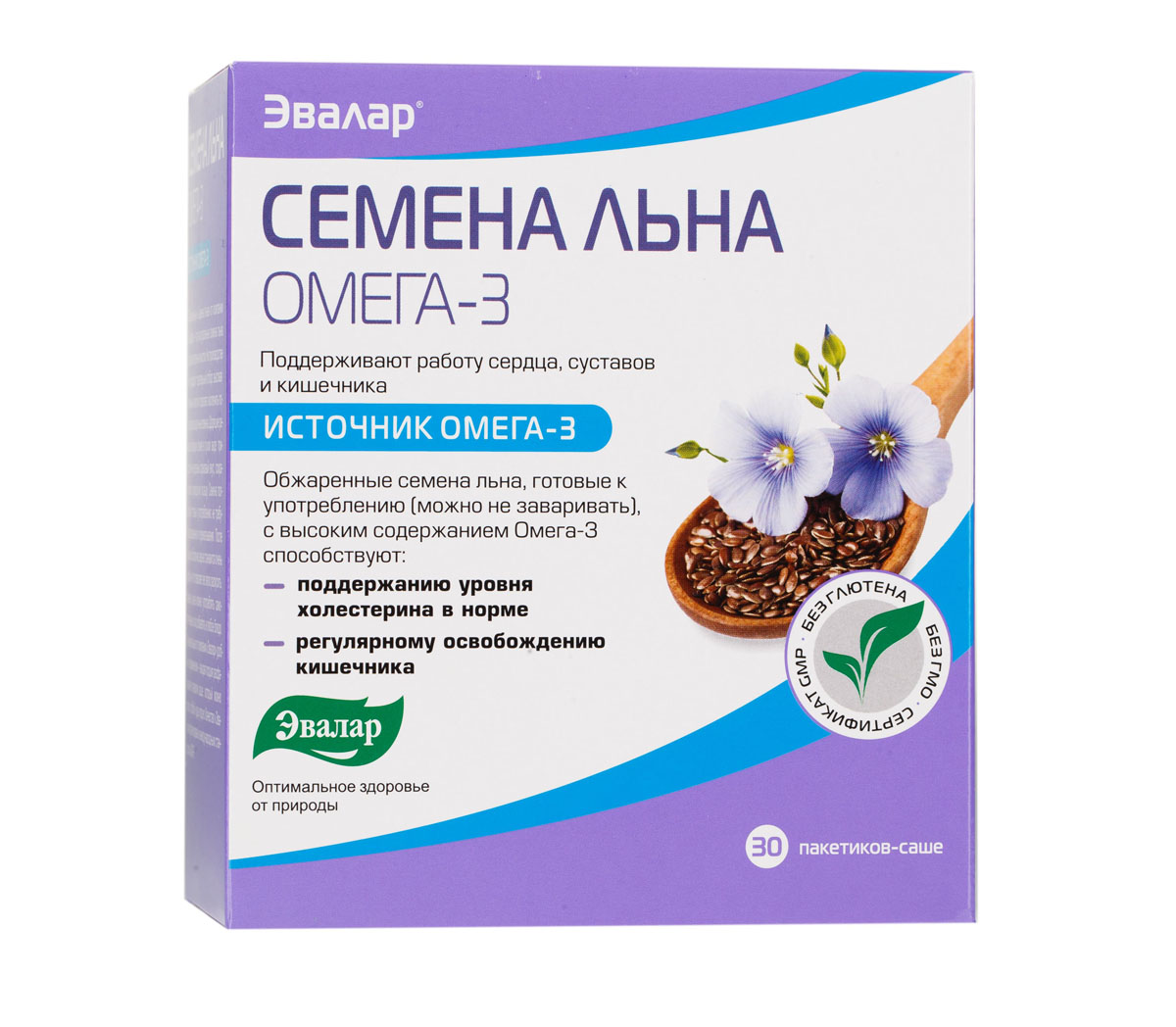 Эвалар Семена льна, 30 пакетиков-саше4602242007128 Эвалар Семена льна, 30 пакетиков-саше4602242007128Обжаренные семена льна, с высоким содержанием Омега-3 для поддержания работы сердца, суставов и кишечника. После обжарки оболочка зерна становится более хрупкой, позволяя ее легко раскусить. С обжаркой семена льна приобретают чудесный ореховый вкус, сохраняя всю пользу для здоровья. Уникальность семени льна – в богатейшем составе: полиненасыщенные жирные кислоты Омега-3, пищевые волокна, лигнаны, витамины-антиоксиданты (А, В, Е, Р), микроэлементы, полноценные растительные белки и другие биологически активные вещества. В составе льняного семени три вида ценных полиненасыщенных жирных кислот — Омега-3, Омега-6 и Омега-9, правильный баланс которых необходим для всех процессов жизнедеятельности человеческого организма. По содержанию Омега-3 семена льна превосходят рыбий жир в 3 раза. Обжаренные семена льна от компании «Эвалар»: Приятный и удобный способ ежедневного получения жизненно необходимых омега-3, пищевых волокон и лигнанов; Вкусно и одновременно полезно для здоровья....