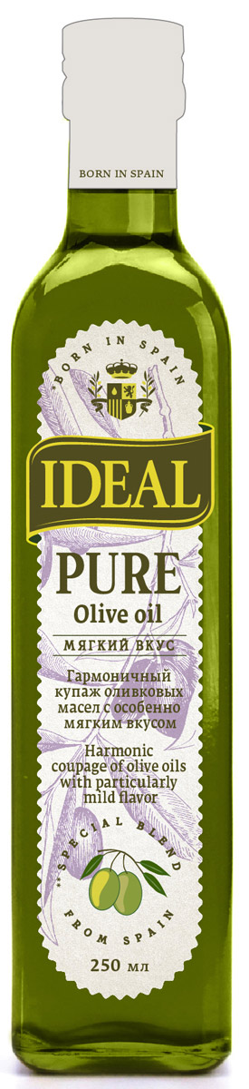 Ideal Pure масло оливковое, 0,25 л8424536921301 Ideal Pure масло оливковое, 0,25 л8424536921301Каждая хозяйка знает, что в кулинарии важна любая мелочь для создания идеальной композиции вкусовых оттенков. Именно поэтому многие выбирают масло IDEAL Pure, будучи уверенными, что в каждой бутылке всегда один и тот же вкус, состав, консистенция, наивысшие показатели качества.