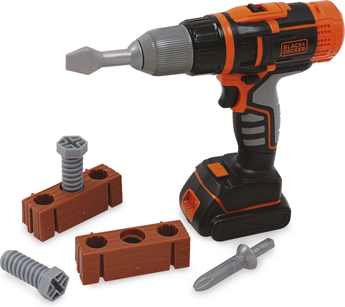 Smoby Шуруповерт механический Black & Decker с аксессуарами360108 Smoby Шуруповерт механический Black & Decker с аксессуарами360108Механический шуруповерт Black & Decker - великолепная игрушка для юного строителя. Для работы игрушки не нужны батарейки. Достаточно нажать клавишу пуска, и патрон шуруповерта тут же начнет вращаться. Шуруповерт оснащен настоящим переключателем реверса. Насадка шуруповерта сменная, ее можно легко заменить на другую (в комплекте). Помимо насадок, в комплект также входят два болта и две доски с отверстиями для шурупов. Практичный инструмент для сюжетно-ролевой игры в строителя или ремонтника достаточно детализирован для того, чтобы создавать необходимую для таких игр иллюзию реальности. Порадуйте своего ребенка таким чудесным подарком.