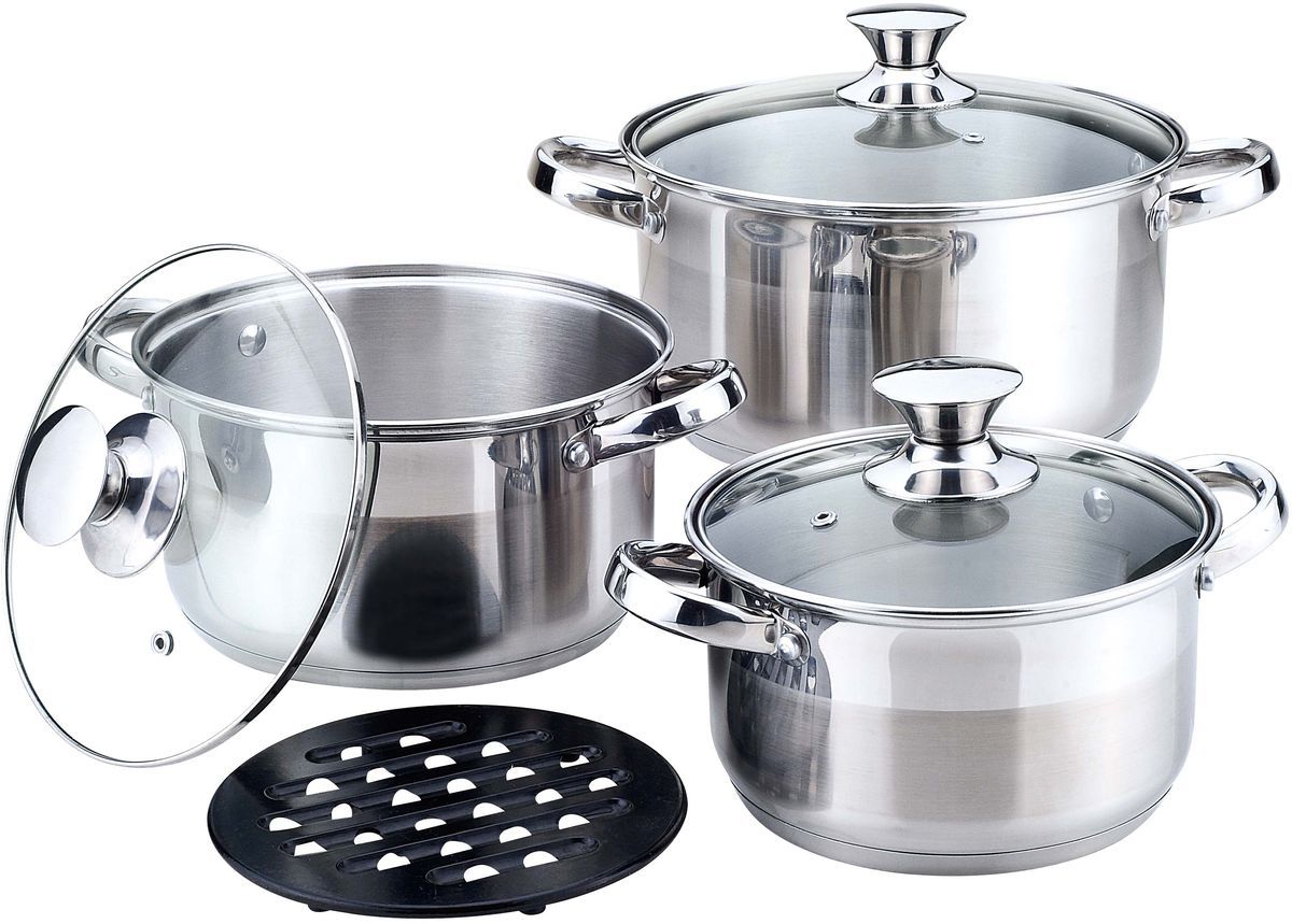 Набор кастрюль Bekker De Luxe, 3 шт. BK-1250BK-1250(4) Набор кастрюль Bekker De Luxe, 3 шт. BK-1250BK-1250(4)7пр.: кастрюли 2,9л(18см); 3,9л(20см); 6,5л(24см), крышки стекл., ручки из нержав. стали, мерная шкала,капсулир. дно, поверхность матовая с зерк. полосой, подставка бакелит. Состав: нержав. сталь.