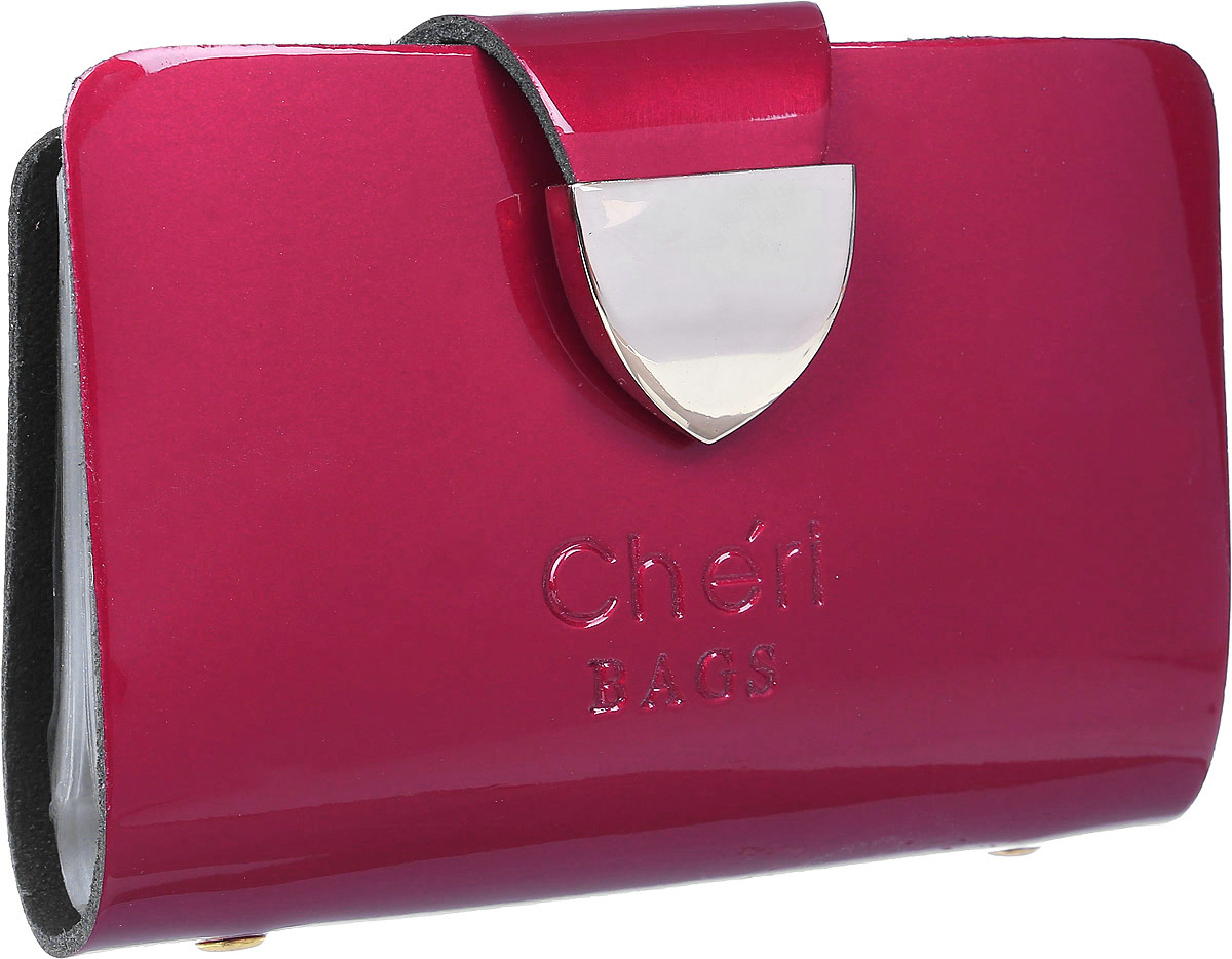Визитница женская Cheribags, цвет: цикламеновый. V-0482-26V-0482-26 Визитница женская Cheribags, цвет: цикламеновый. V-0482-26V-0482-26Визитница Cheribags выполнена из натуральной лаковой кожи и оформлена тисненой надписью с названием бренда. Внутри расположен блок с 26 файлами для визитных и дисконтных карт. Изделие застегивается хлястиком на кнопку.
