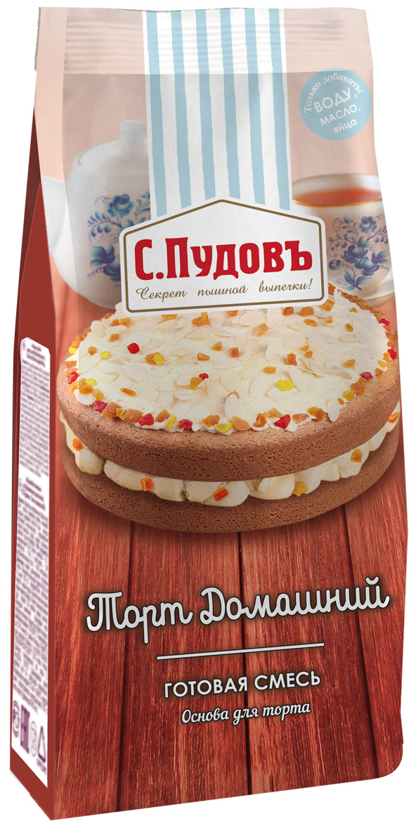 Пудовъ торт домашний, 400 г4607012295859 Пудовъ торт домашний, 400 г4607012295859Основа для домашнего торта - это ваша возможность быстро и без хлопот приготовить вкусный пирог или великолепный торт, оригинальное печенье или сладкие корзиночки под десерт. Сбалансированный состав смеси позволит получить ароматную выпечку в кратчайшие сроки.