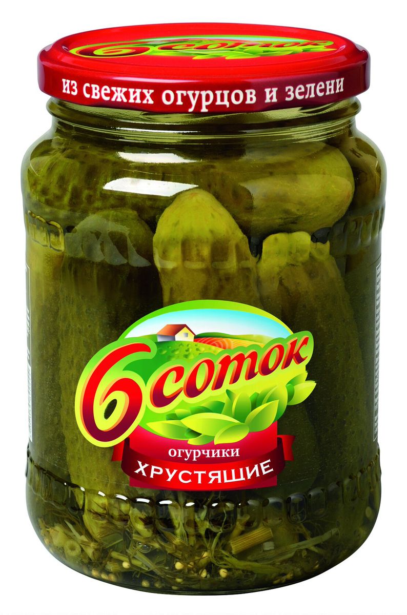 Шесть соток Огурцы Хрустящие, 680 г1724 Шесть соток Огурцы Хрустящие, 680 г1724Cвежие огурчики, приготовленные по рецептуре первого маринада, сохраняют натуральность и хрустят по настоящему.