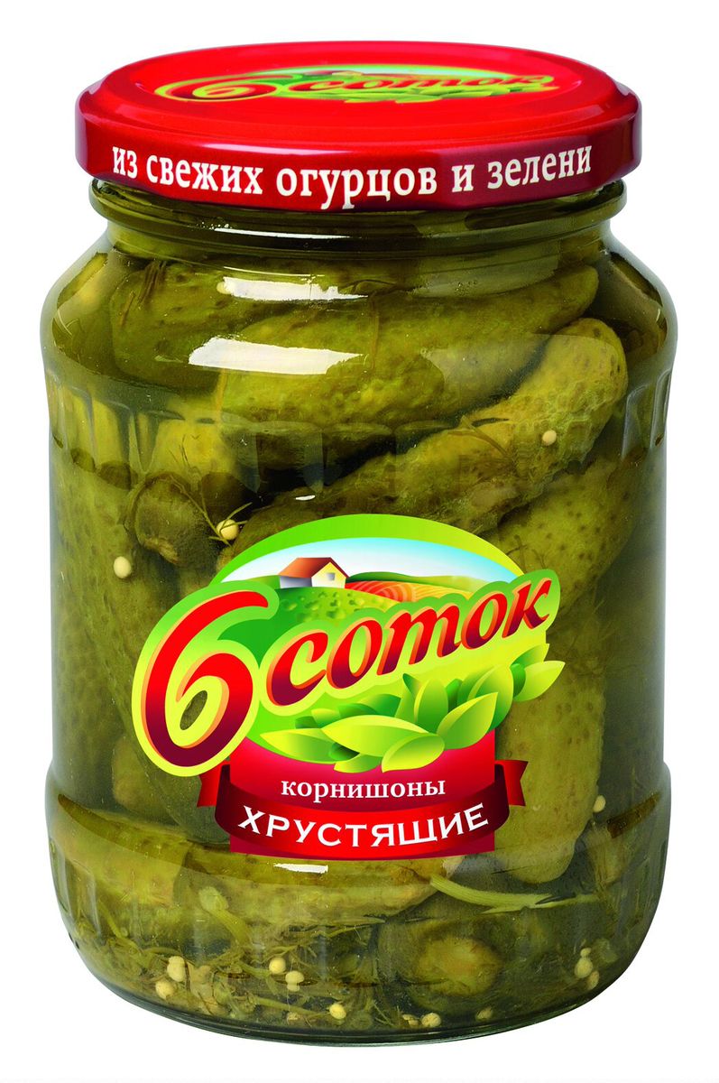 Шесть соток Корнишоны хрустящие, 350 г4659 Шесть соток Корнишоны хрустящие, 350 г4659Cвежие огурчики, приготовленные по рецептуре первого маринада, сохраняют натуральность и хрустят по настоящему.