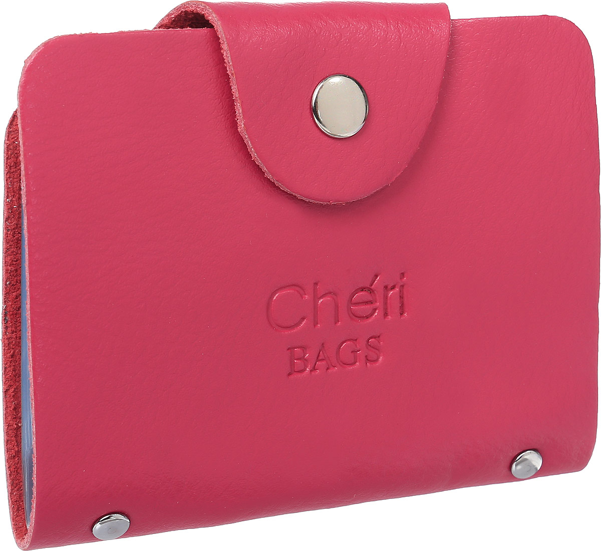 Визитница женская Cheribags, цвет: цикламеновый. V-0489-26V-0489-26 Визитница женская Cheribags, цвет: цикламеновый. V-0489-26V-0489-26Визитница Cheribags выполнена из натуральной кожи зернистой текстуры и оформлена тисненой надписью с названием бренда. Внутри расположен блок с 26 файлами для визитных и дисконтных карт. Изделие застегивается хлястиком на кнопку.
