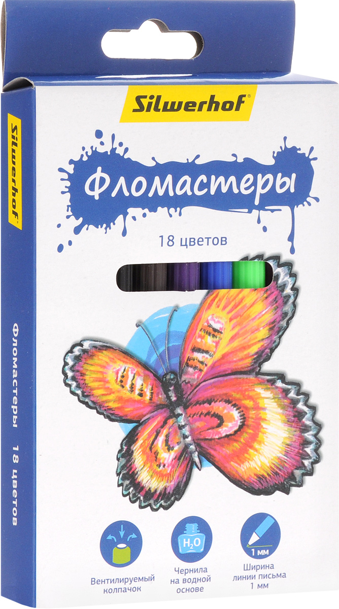 Silwerhof Фломастеры Бабочки 18 цветов867200-18 Silwerhof Фломастеры Бабочки 18 цветов867200-18Набор Silwerhof Бабочки - это 18 фломастеров ярких насыщенных цветов в разноцветных пластиковых корпусах (цвет корпуса соответствует цвету чернил). Каждый фломастер оснащен плотным вентилируемым колпачком, защищающим чернила от испарения. Чернила изготовлены на водной основе. Легко отстирываются и смываются с рук. Фломастеры Silwerhof - идеальный инструмент для самовыражения и развития маленького художника!