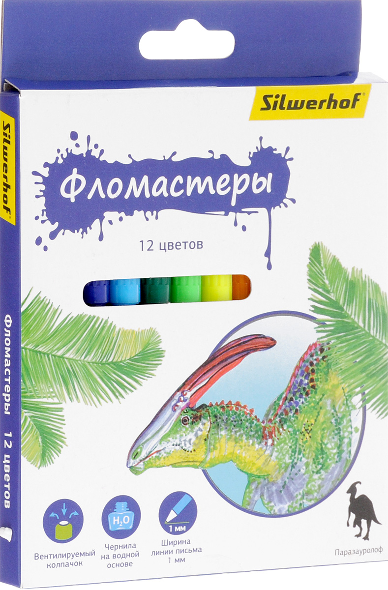 Silwerhof Фломастеры Динозавры 12 цветов867201-12 Silwerhof Фломастеры Динозавры 12 цветов867201-12Набор Silwerhof Динозавры содержит фломастеры 12 ярких насыщенных цветов. Корпус фломастеров изготовлен из полипропилена. Безопасные чернила на водной основе легко отстирываются и смываются. Маленький диаметр удобен для детских пальчиков. Фломастеры оснащены вентилируемыми колпачками. Ширина линии письма: 1 мм. Фломастеры Silwerhof откроют юным художникам новые горизонты для творчества, а также помогут отлично развить мелкую моторику рук, цветовое восприятие, фантазию и воображение, способствуют самовыражению.