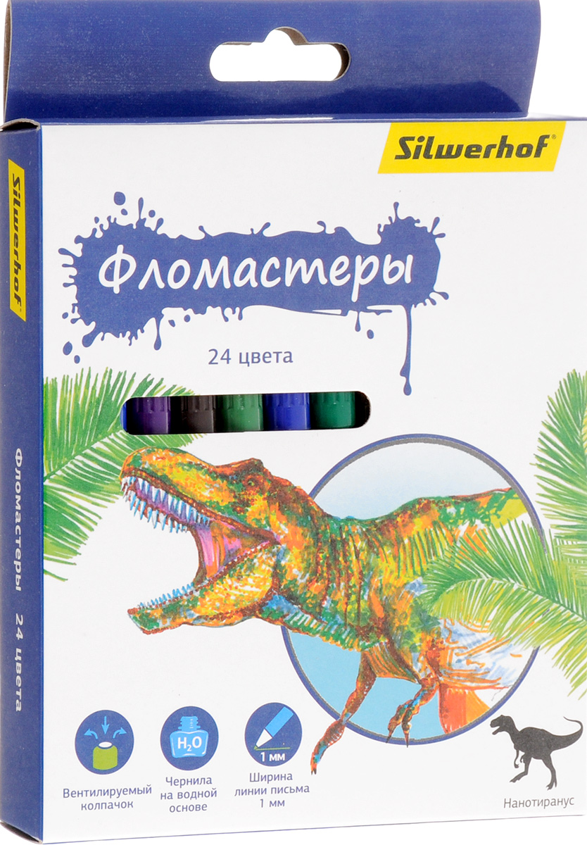 Silwerhof Фломастеры Динозавры 24 цвета867201-24 Silwerhof Фломастеры Динозавры 24 цвета867201-24Набор Silwerhof Динозавры содержит фломастеры 24 ярких насыщенных цветов. Корпус фломастеров изготовлен из полипропилена. Безопасные чернила на водной основе легко отстирываются и смываются. Маленький диаметр удобен для детских пальчиков. Фломастеры оснащены вентилируемыми колпачками. Ширина линии письма: 1 мм. Фломастеры Silwerhof откроют юным художникам новые горизонты для творчества, а также помогут отлично развить мелкую моторику рук, цветовое восприятие, фантазию и воображение, способствуют самовыражению.