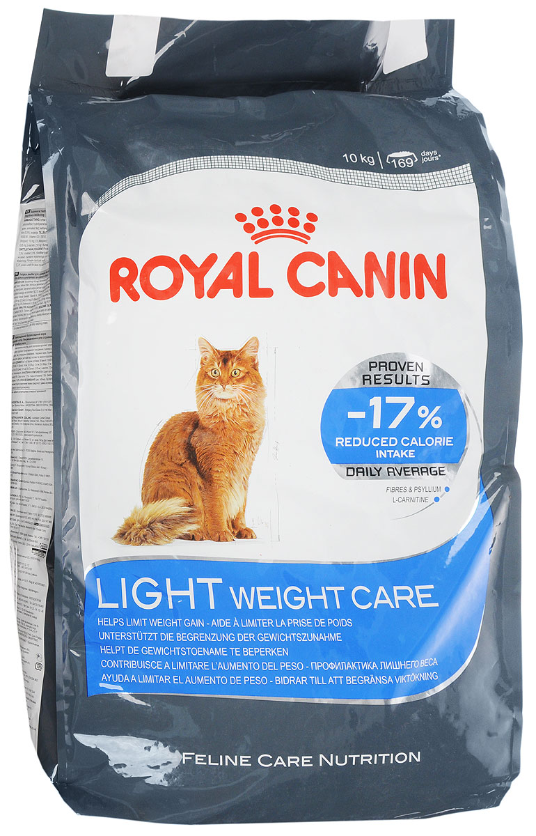 Корм сухой Royal Canin Light Weight Care, для взрослых кошек, для профилактики избыточного веса, 10 кг00667_кошки Корм сухой Royal Canin Light Weight Care, для взрослых кошек, для профилактики избыточного веса, 10 кг00667_кошкиСухой корм Royal Canin Light Weight Care является полнорационным сбалансированным кормом для взрослых кошек, склонных к избыточному весу. Содержание клетчатки и подорожника позволяет на 17% снизить калории, получаемые кошкой, при этом полностью удовлетворяя ее аппетит. Высокое содержание белка помогает сохранять мышечную массу, а L-карнитин способствует сжиганию жиров. Состав: изолят растительных белков, дегидратированные белки животного происхождения (птица), злаки, растительная клетчатка, рис, гидролизат белков животного происхождения, животные жиры, минеральные вещества, свекольный жом, дрожжи, рыбий жир, оболочки и семена подорожника 0,5%, соевое масло. Добавки в 1 кг: витамин А 19100 МЕ, витамин D3 700 МЕ, железо 32 мг, йод 3,2 мг, марганец 42 мг, цинк 126 мг, селен 0,05 мг, L-карнитин 210 мг. Содержание питательных веществ: белки 40%, жиры 10%, минеральные вещества 7,4%, клетчатка пищевая 8,4%, общая клетчатка 15,8%, медь 15 мг/кг. Товар...