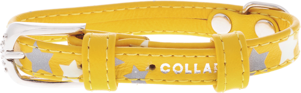 Ошейник для собак CoLLaR Glamour Звездочка, цвет: желтый, ширина 1,2 см, обхват шеи 19-25 см35838 Ошейник для собак CoLLaR Glamour Звездочка, цвет: желтый, ширина 1,2 см, обхват шеи 19-25 см35838Ошейник для собак CoLLaR Glamour Звездочка изготовлен из кожи и декорирован оригинальным рисунком. Специальная технология печати по коже позволяет наносить на ошейник устойчивый рисунок, обладающий одновременно светоотражающим и светонакопительным эффектом. Ошейник устойчив к влажности и перепадам температур. Сверхпрочные нити, крепкие металлические элементы делают ошейник надежным и долговечным. Обхват ошейника регулируется при помощи пряжки. Ошейник оснащен металлическим кольцом для крепления поводка. Изделие отличается высоким качеством, удобством и универсальностью. Минимальный обхват шеи: 19 см. Максимальный обхват шеи: 25 см. Ширина ошейника: 1,2 см. Длина ошейника: 28,5 см.